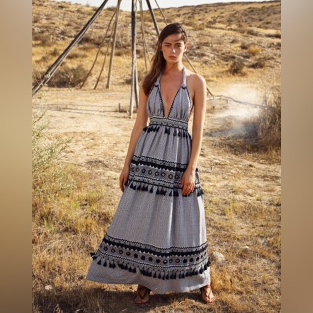Dodo Bar Or “David” Halter Tie Blue & White Maxi Dress - Size L / 10 NWT - Picture 4 of 13
